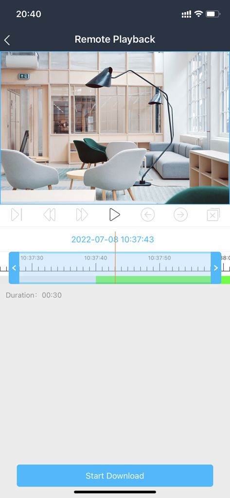 Safire Smart app remote playback interface showing recorded office security footage with timeline controls