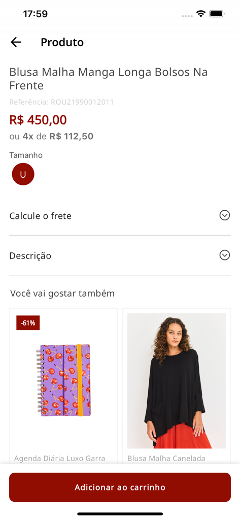 Pantalla de la aplicación móvil para Papel Craft mostrando detalles del producto de una blusa de manga larga con un botón para agregar al carrito.