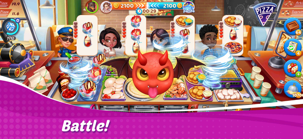 Cooking Wonder: Cooking Games - Uma batalha de culinária competitiva em Cooking Wonder mostrando clientes esperando por pedidos de comida com obstáculos em redemoinho