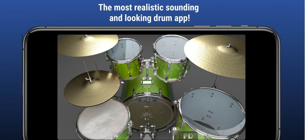 Pocket Drums - A smartphone displaying the realistic green drum kit interface of the Pocket Drums app.