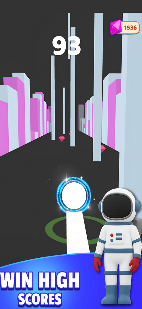 Real Catch Up 3D - Speed Ball - Jugabilidad de Real Catch Up 3D que muestra una bola rodando en un entorno urbano con una skin de astronauta y un contador de récords altos.