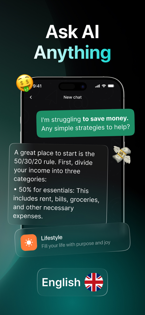 Chatbot 5: AI Chat Assistant - 돈 절약 팁과 재정 조언을 제공하는 Chatbot 5 AI 어시스턴트를 보여주는 iPhone 화면