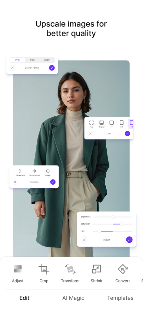 Pixelbin: AI Photo Editor - Interface do Pixelbin AI Photo Editor mostrando aprimoramento de imagem e ferramentas de edição profissional.