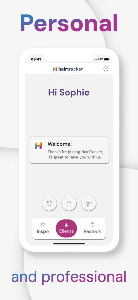 Startbildschirm der mobilen HairTracker App mit einer personalisierten Willkommensnachricht für einen Stylisten und Navigationssymbolen für Inspiration, Kunden und Nachbestellungen.