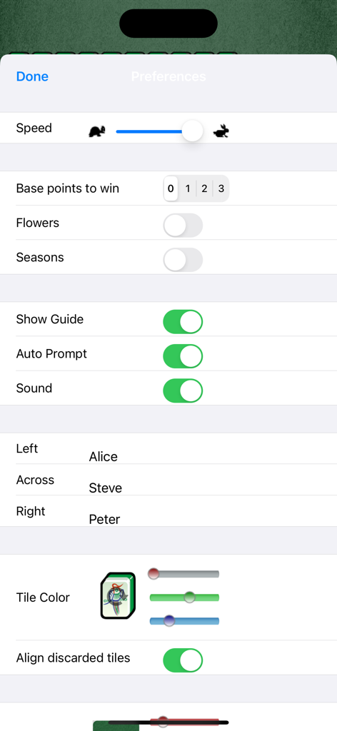 Mahjong! - Preferences screen in the Mahjong app showing customizable settings for game speed base points flower tiles and player names