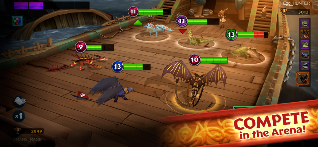 Dragons: Rise of Berk - Dragons competing in a battle on a ship in the Arena mode of Dragons Rise of Berk.