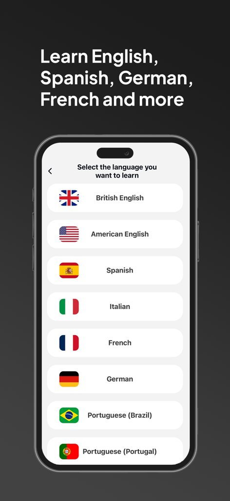 LangAI app interface showing a list of available languages to learn with corresponding flags