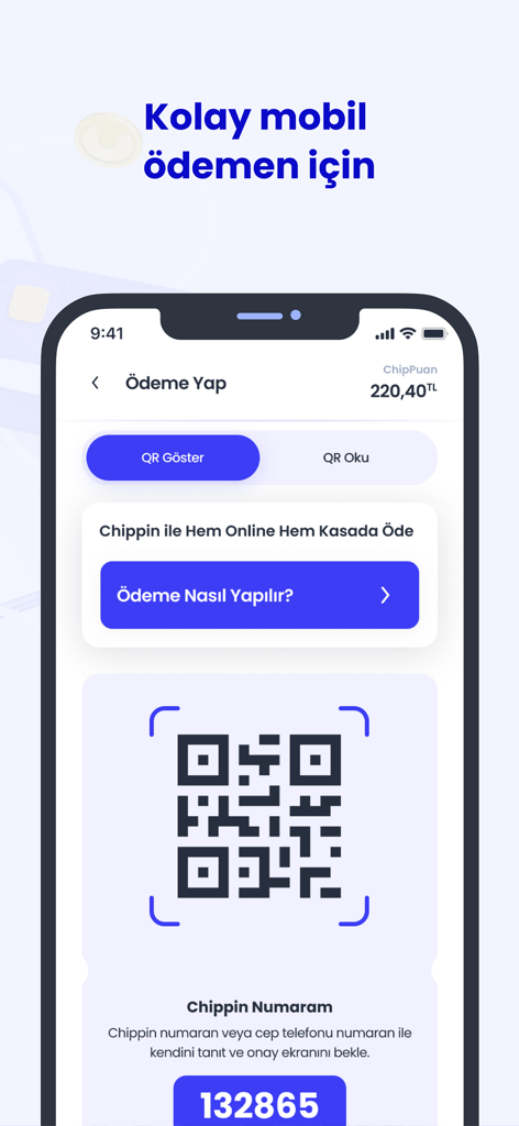 Interfaz de la aplicación móvil Chippin que muestra un código QR y un ID numérico para pagos móviles sin contacto y recompensas de fidelización.