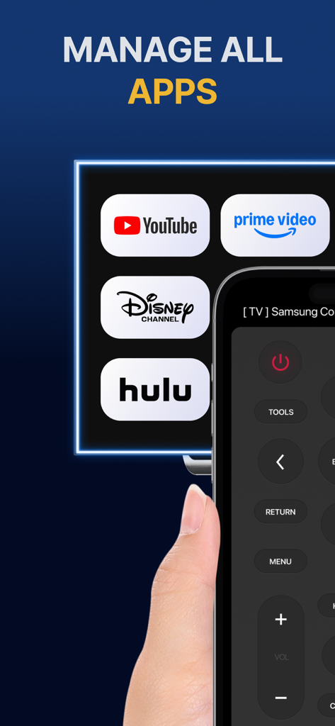 Schermata dell'iPhone che mostra un'interfaccia di telecomando per la gestione di app di streaming come YouTube e Hulu su una TV Samsung.