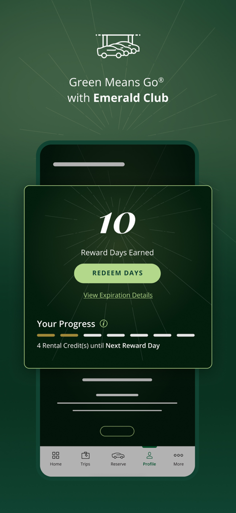 Écran de l'application National Car Rental montrant les jours de récompense gagnés et le suivi de progression pour les membres Emerald Club
