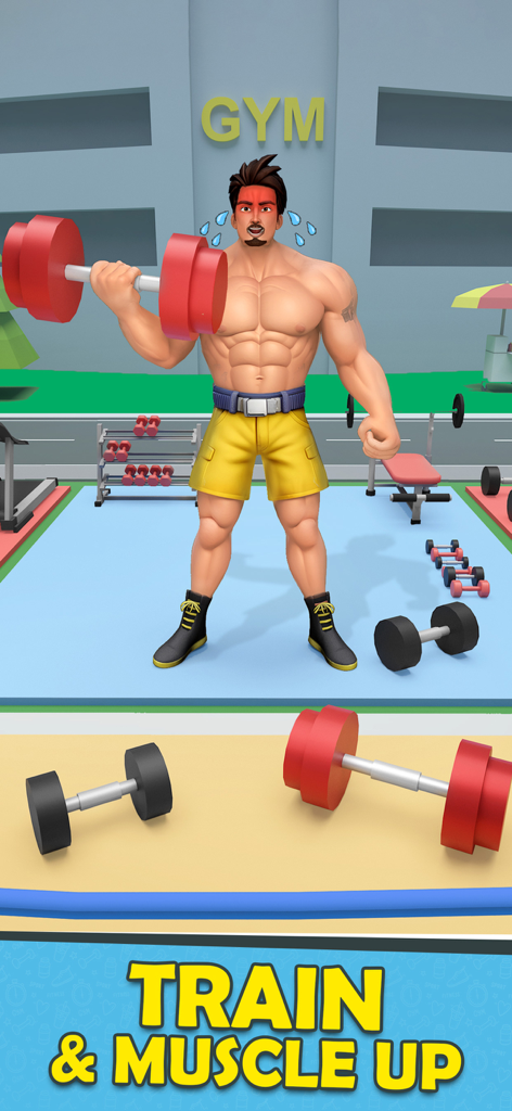 Gym Clicker Hero: Idle Muscles - ジムのセットアップで重い赤いダンベルを持ち上げる筋肉質のキャラクター
