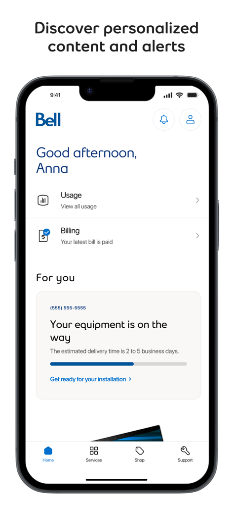L'écran d'accueil de l'application mobile MyBell affiche des alertes personnalisées et l'utilisation du compte