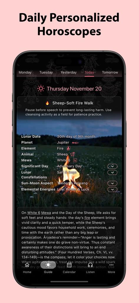 Pantalla de horóscopo tibetano diario personalizado en la aplicación Astromunk con guía espiritual y detalles astrológicos