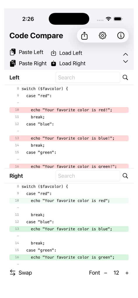 CodeDiff+ - Interface mobile CodeDiff plus affichant une comparaison côte à côte de code avec coloration syntaxique et différences