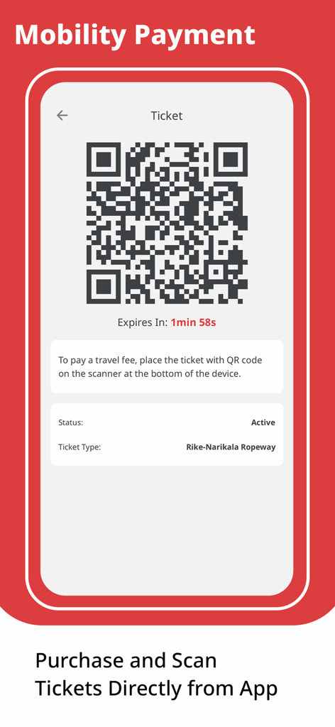 A digital QR code ticket for the Rike-Narikala Ropeway within the Tbilisi Transport mobile app interface.
