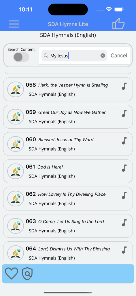 SDA Hymns Lite - SDA Hymns Lite app interface showing a list of English hymns with a search bar at the top