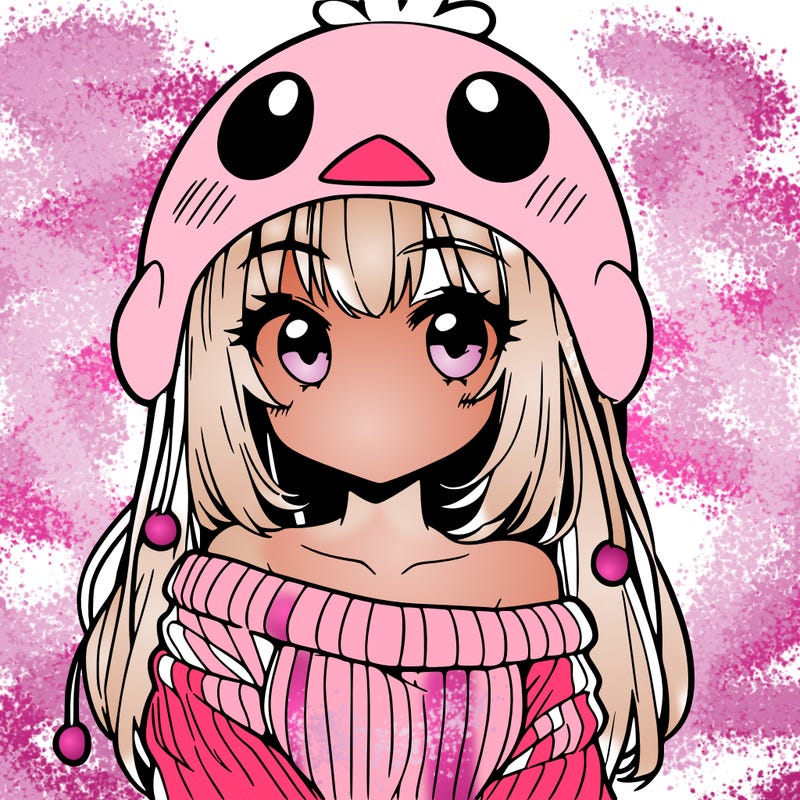 anime girl with chick shaped hat with sweater with bare shoulders with bangs covering them one eye with low tail
