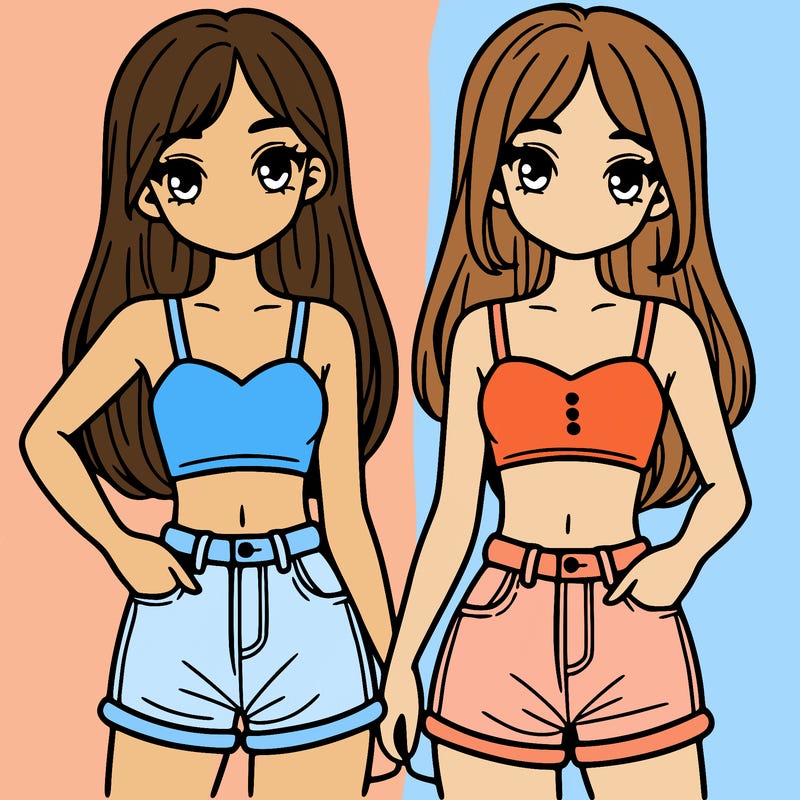 two sisters with crop tops and jean shorts and straight hair