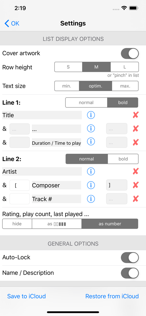 SmartPlaylist app settings screen showing display options for customizing metadata like title artist and rating in the song list