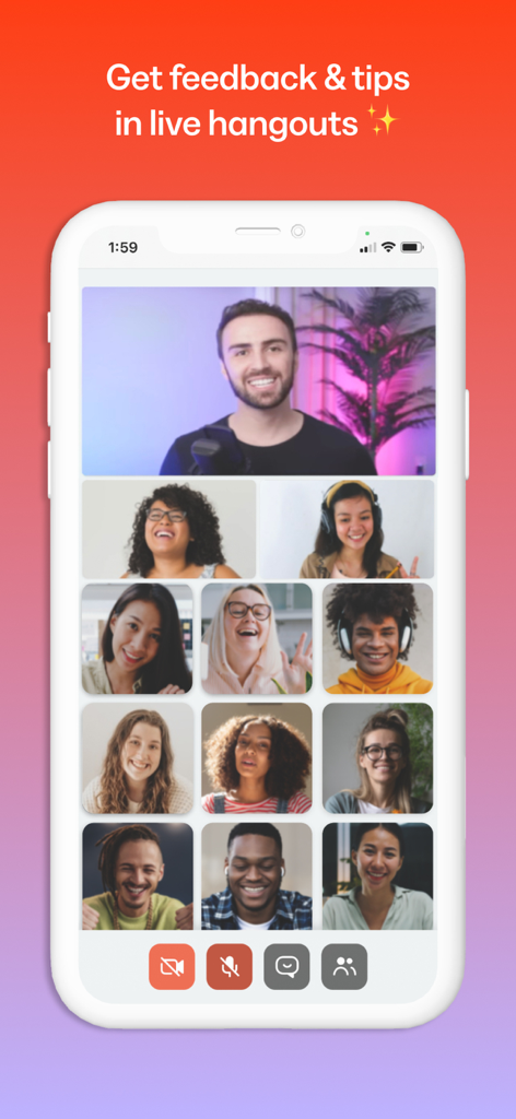 Interface of a group video call in Kajabi Communities showing multiple participants in a live hangout.