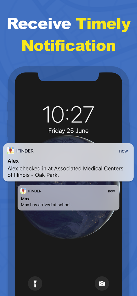 Écran de verrouillage de l'iPhone affichant des notifications push pour les enregistrements des membres de la famille et les arrivées à l'école