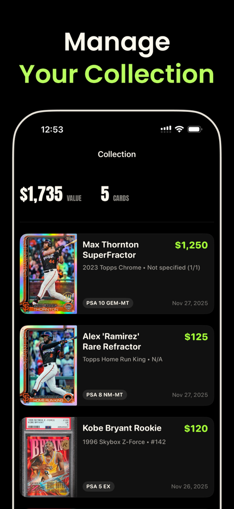 Mobile app screen showing a sports card collection with portfolio value and specific card details like PSA grades and market prices