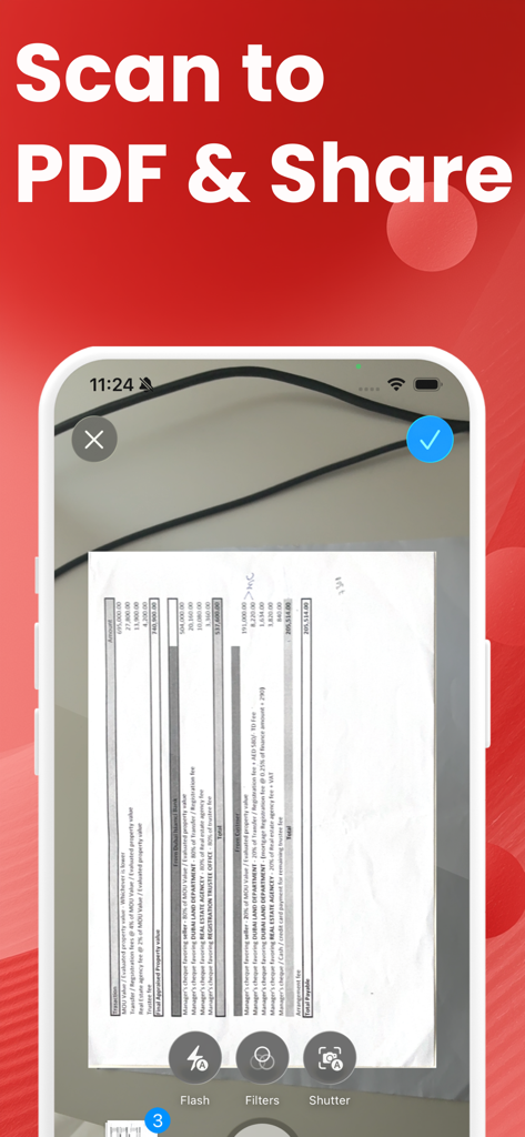 PDF Scanner: Scan Documents AI - PDFスキャナーアプリで書類をスキャンしているスマートフォン画面。