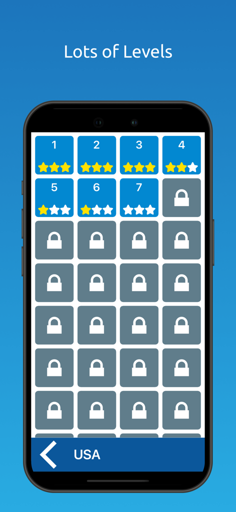 Memory Match : Brain Training - Una pantalla móvil que muestra una cuadrícula de niveles de juego con calificaciones de estrellas e íconos bloqueados en la aplicación Memory Match Brain Training.