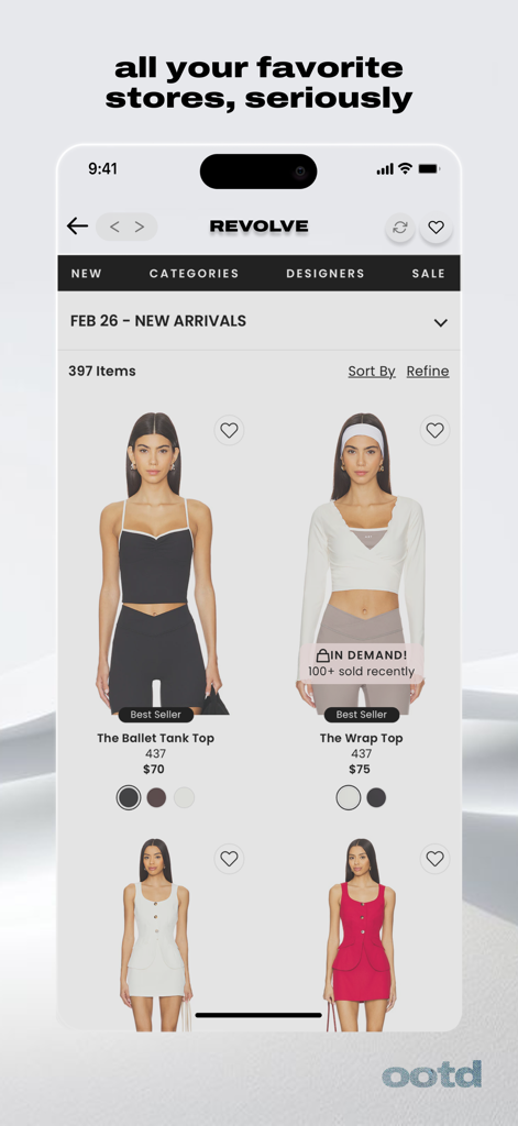 OOTD fashion app interface showing trending clothing items and favorite stores like Revolve
