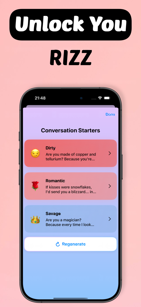 RizzUp – Text Like a Pro - RizzUp app screenshot showing AI conversation starter options including Dirty Romantic and Savage styles