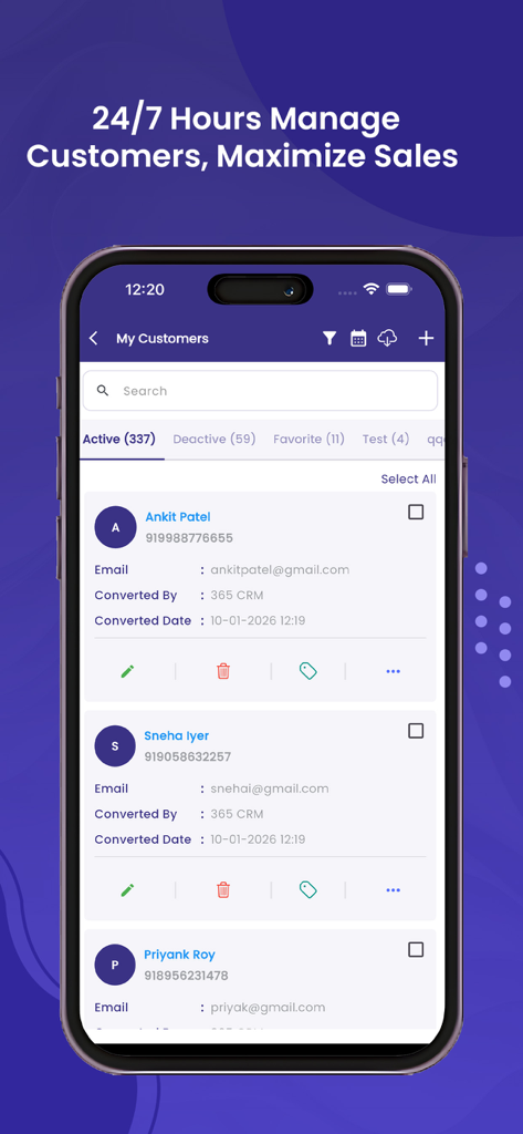 365 CRM - Smartphone screen displaying the 365 CRM app customer management list with names, contact details, and conversion dates