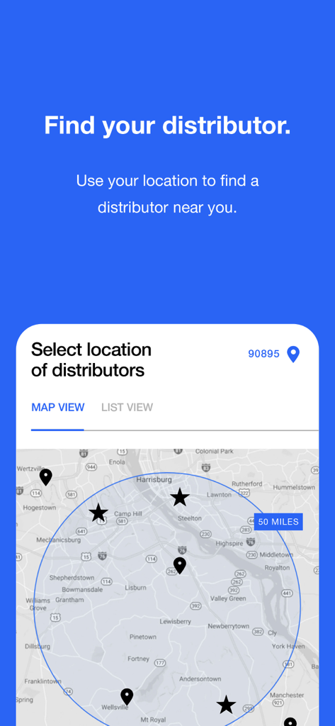 Gildan Product Locator - Gildan Product Locator app screen showing a map of nearby distributors within a fifty mile radius