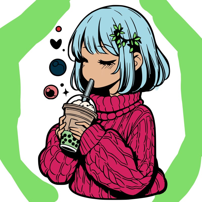 manga girl drinking boba in cozy sweater