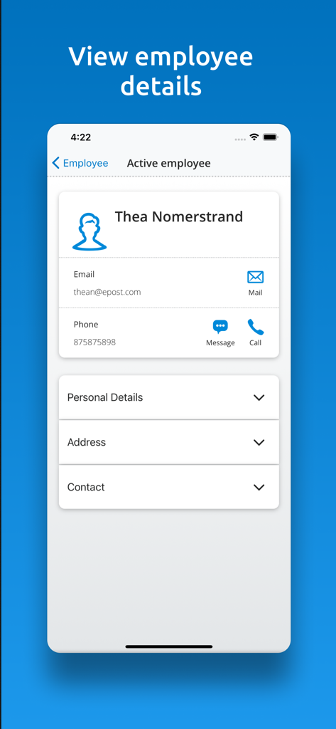 Pantalla de la aplicación Visma Manager que muestra información de contacto y perfil del empleado.