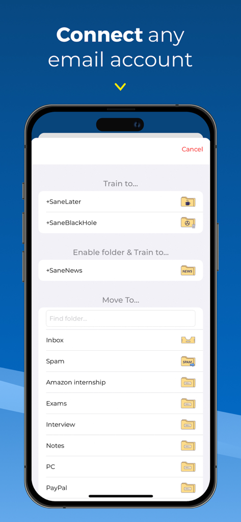 SaneBox app interface displaying automated folders for training and sorting emails including SaneLater and SaneNews