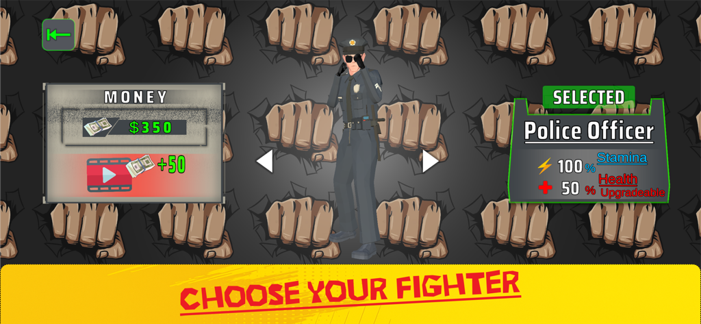 Street Knockout: 1vsGang Fight - Character selection screen featuring a police officer fighter with stats and currency in Street Knockout