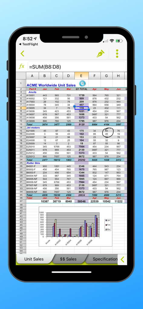 Docs To Go mobile interface showing an Excel spreadsheet with sales data and a bar chart
