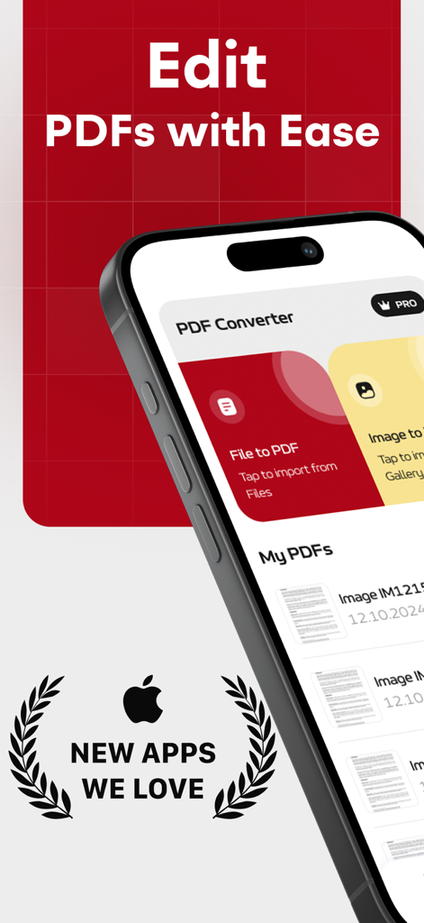 PDF Converter: Editor, Scanner - iPhone displaying the PDF Converter app interface with Edit PDFs with Ease headline and New Apps We Love badge.
