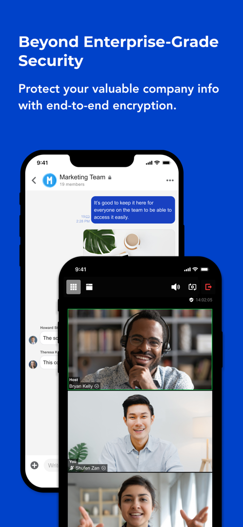 eUnite @work app interface showing end-to-end encrypted group chat and team video conferencing.