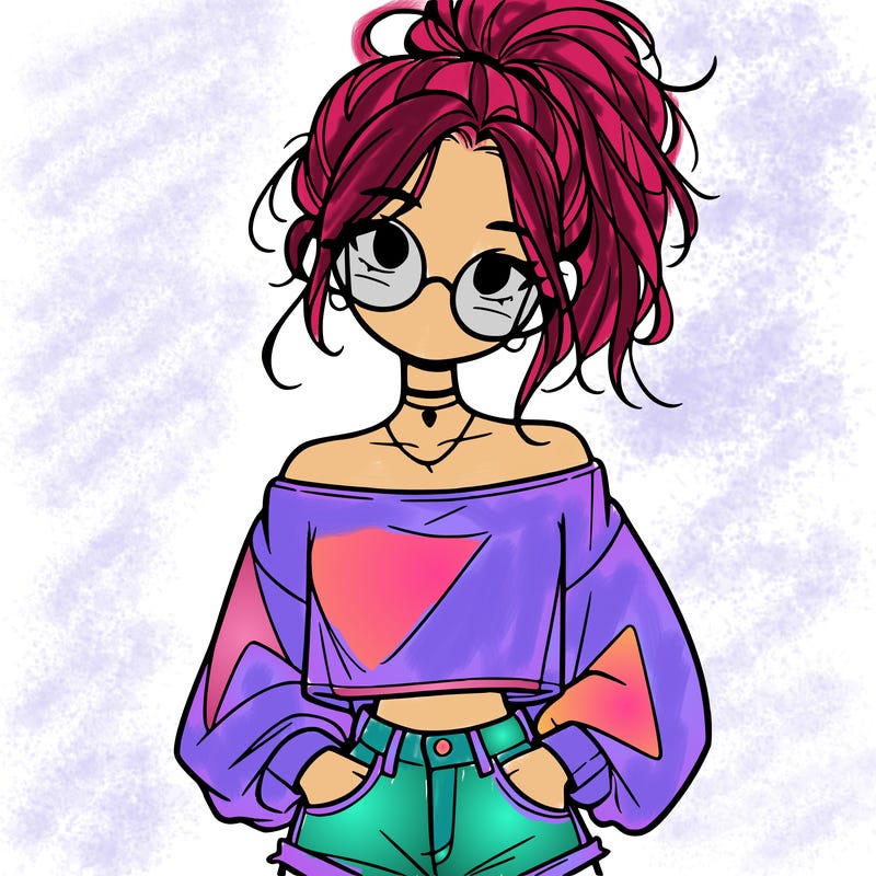 girl with a messy ponytail glasses a baggy crop top and jean shorts