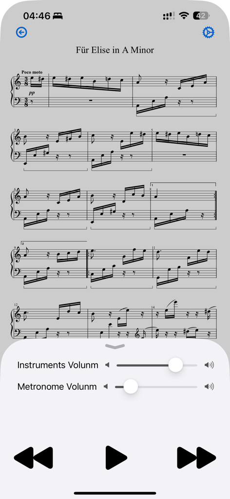 SheetViewer:Staff(Music)Reader - SheetViewer app showing a music score with volume and playback controls