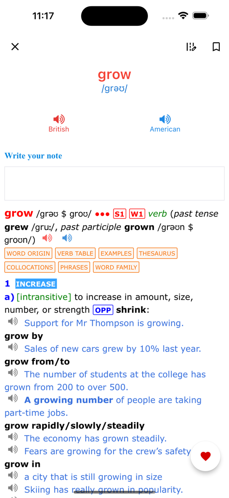 English Dictionary - LDOCE 6th - Longman Dictionary app screen showing the definition and pronunciation of the word grow