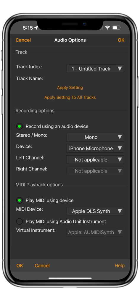 MixPad Music Mixer - MixPad audio recording and MIDI playback options screen