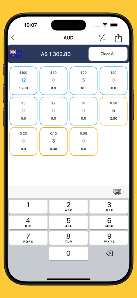 Money Counter app interface for counting Australian Dollar bills and coins.