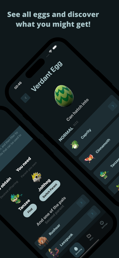 Paltopia: Pal tools & Map - Mobile interface of Paltopia app showing Palworld breeding guide and egg hatching possibilities