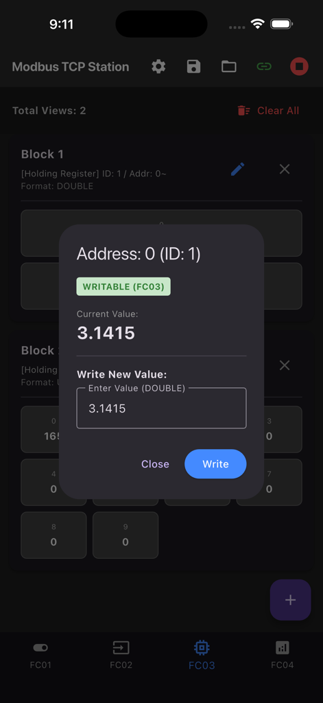 Modbus TCP Station - Interface of Modbus TCP Station app showing a dialog to write a new value to a holding register