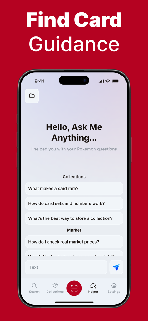 TCG Card Value Scanner - DEX - The AI helper screen of the TCG Card Value Scanner DEX app showing guidance questions for collectors about card rarity and market prices.