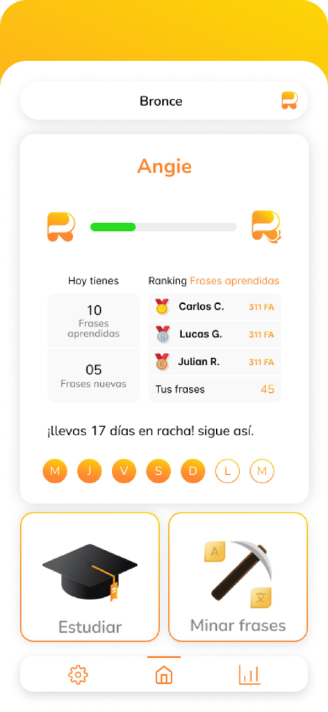 RAIO App - RAIO app user dashboard showing daily learning progress, streak, and ranking leaderboard