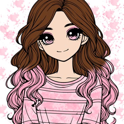 realistic girl with long, wavy hair and cute shirt