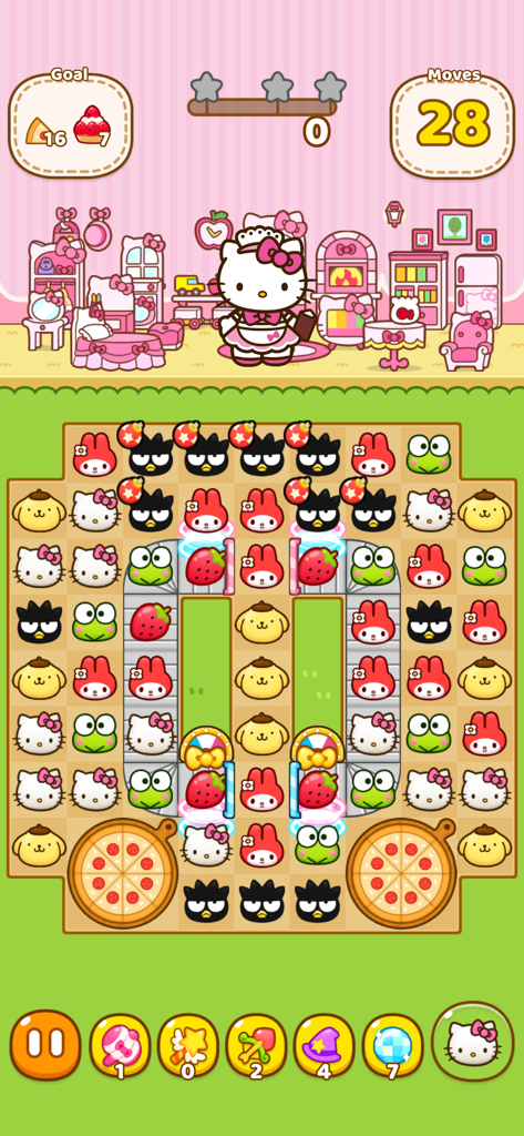 サンリオキャラクターと装飾された部屋が登場する、ハローキティフレンズのマッチ2パズルのゲームプレイ画面